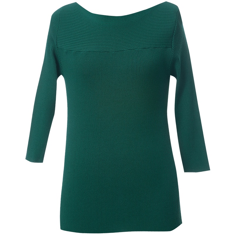 欧昵雪设计感套头一字领七分袖针织衫女修身短款毛衣