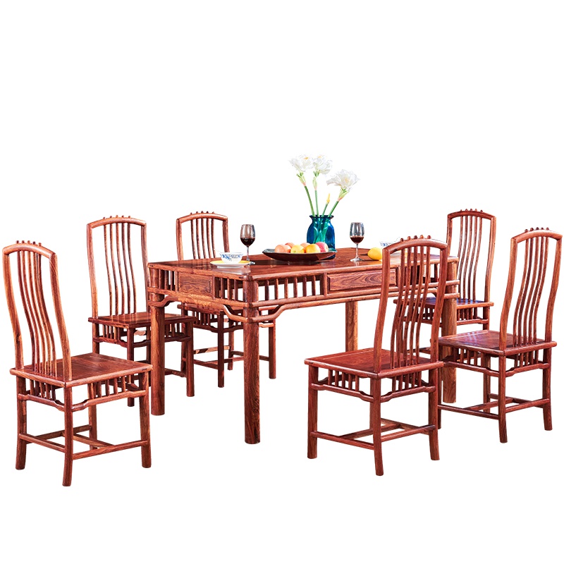 周家庄 红木家具非洲花梨(学名:刺周家庄 红木家具猬紫檀)餐桌实木餐桌 餐台 饭桌 中式长方形餐桌椅组合 [烫蜡]+6椅