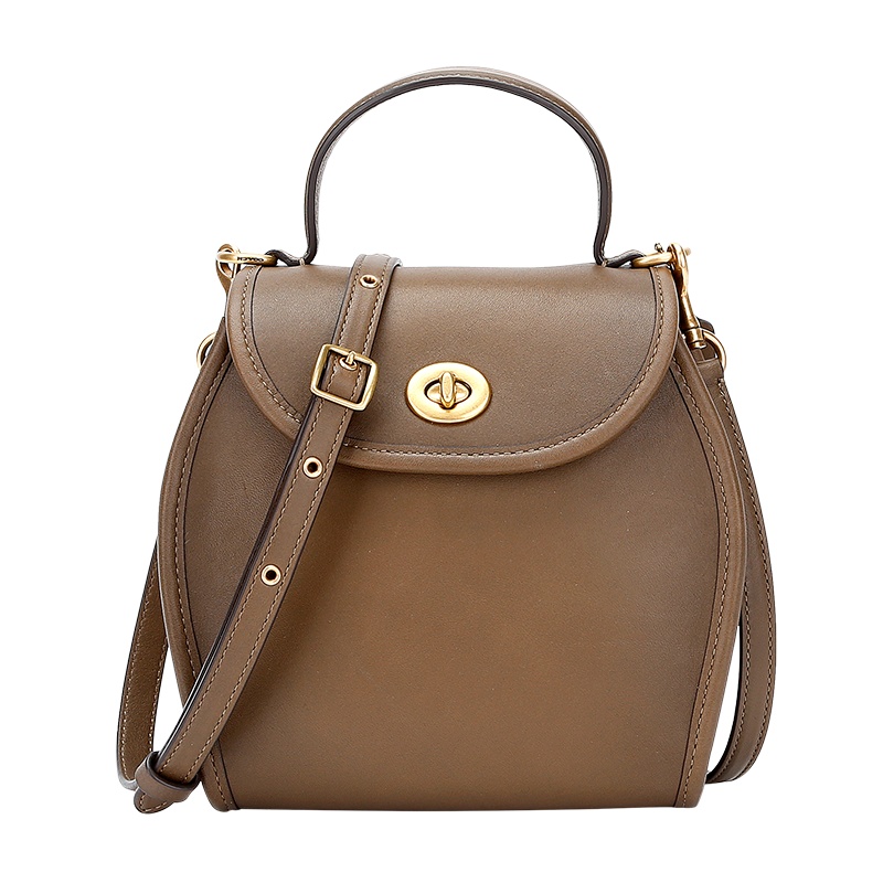 蔻驰 COACH 奢侈品 女士专柜款皮革弧线顶部手提单肩斜挎包小号咖绿色 128 B4QS0