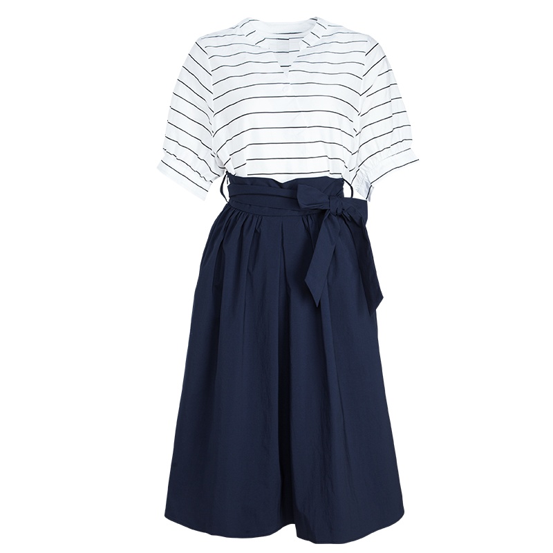 晩白 新品条纹V领短袖T恤高腰纯色半身裙两件套裙