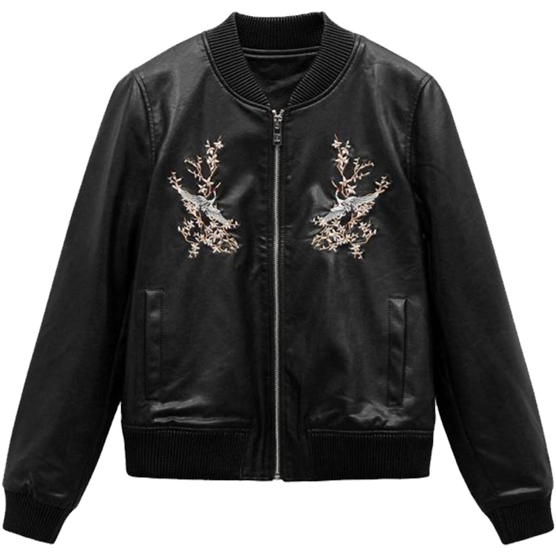 【热卖】2019秋装新款韩版百搭 学生个性黑色机车BF短款刺绣皮衣外套女2T000082