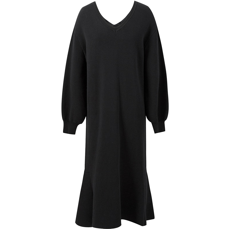 伊芙丽冬装新款韩版黑色裙子高腰长裙针织V领微喇裙摆连衣裙