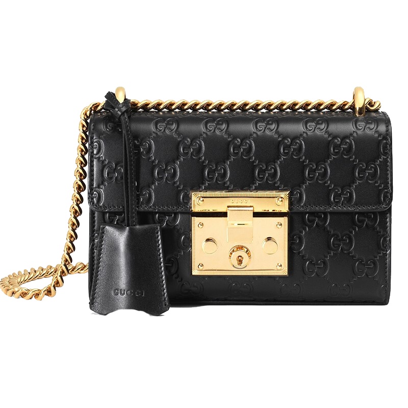[海外直邮]GUCCI 古驰女包Padlock系列黑色压纹小号链条锁扣女士斜挎单肩包409487 CWC1G 1000