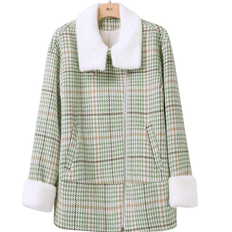 晚白2020冬季新品时尚千鸟格休闲毛领通勤常规款拉链大衣外套女