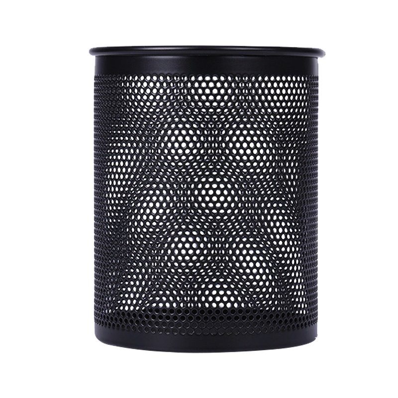 得力909 密集金属网纹圆形笔筒 创意桌面收纳盒 办公用品 黑色