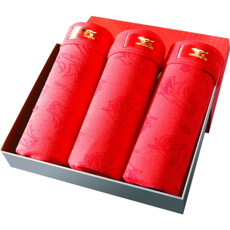 七匹狼 3条装鸿运印花结婚喜庆棉氨包腰大红平角男士内裤男