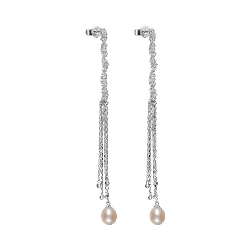 京润珍珠 轻靓 S925银镶淡水珍珠耳钉 8-9mm水滴形白色流苏 银泰同款 珠宝宠自己送妈妈