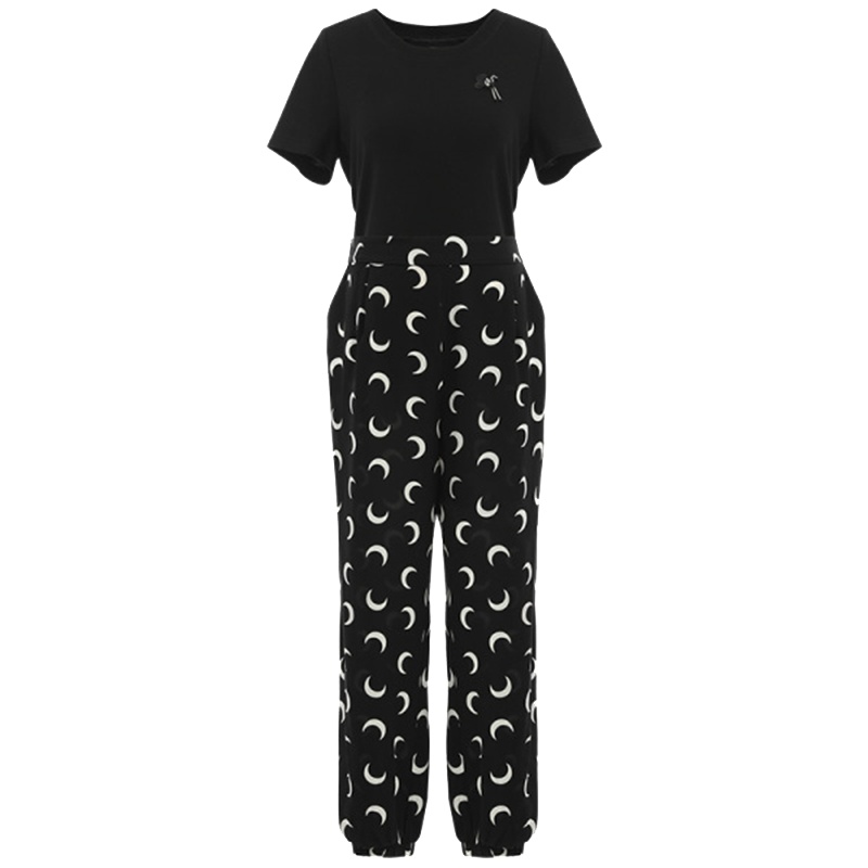 欧昵雪夏季时尚短款圆领T恤女+高腰束脚哈伦裤两件套装