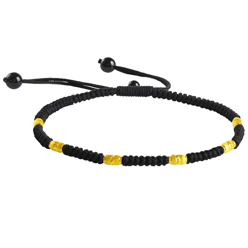 佐喜佑福 足金黄金黑绳手链串珠本命年路路通男女情侣款总金重约0.6克 ZXNLYFC201g