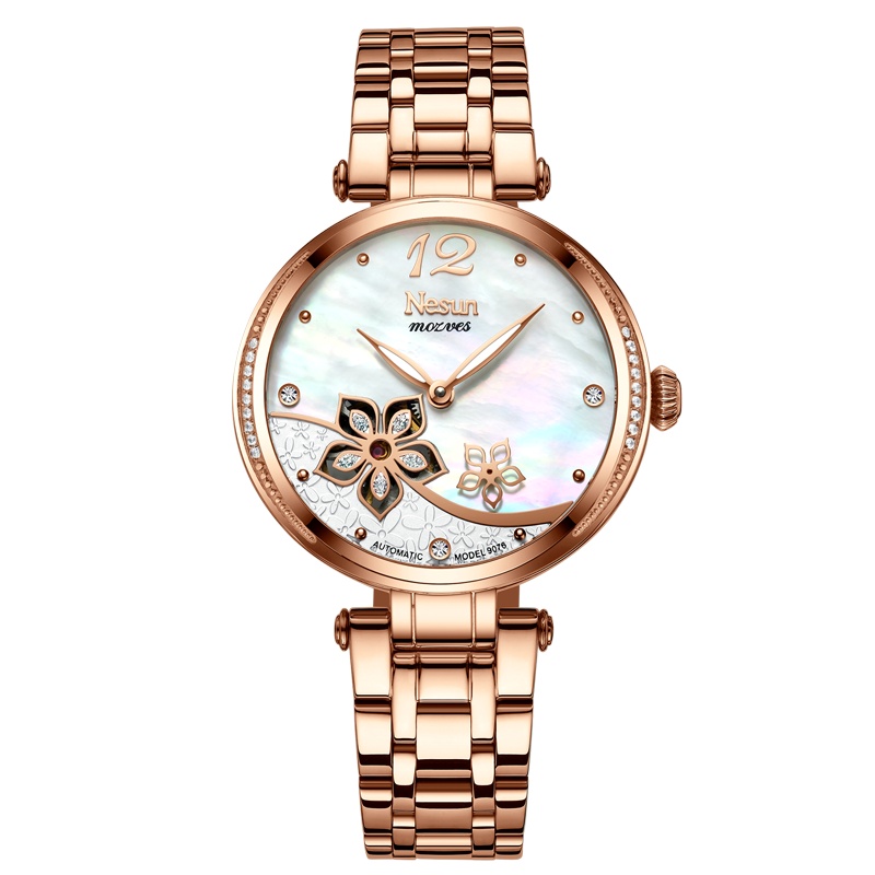 正品尼尚(NESUN)手表女士全自动机械表 女表时尚韩版简约防水个性潮流腕表玫瑰金女表镂空花朵N-LS9076