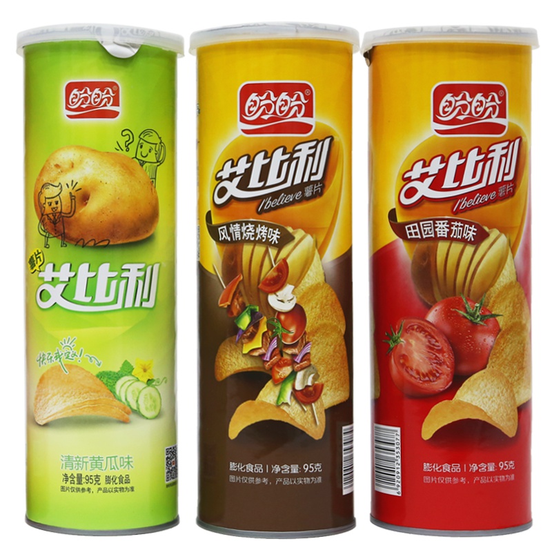 盼盼3罐装95g艾比利黄瓜+烧烤+番茄经典口味混合长筒桶装薯片膨化土豆片零食品整箱