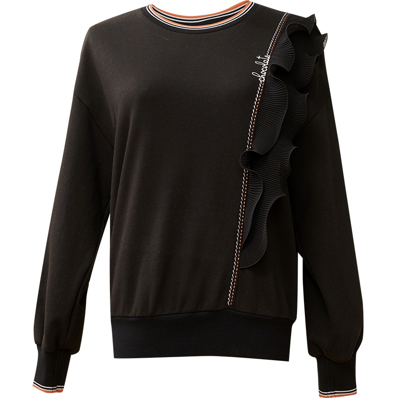 欧昵雪减龄圆领拼接荷叶边长袖显瘦遮肚卫衣女上衣