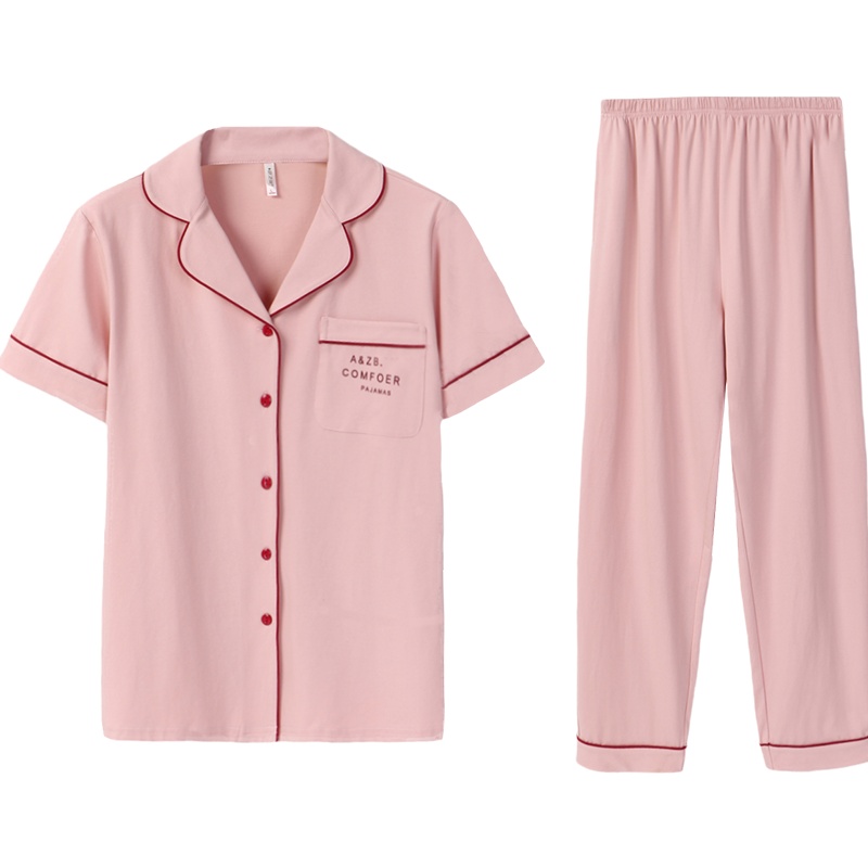 安之伴睡衣情侣夏冰爽棉素色国民领短袖女男套装