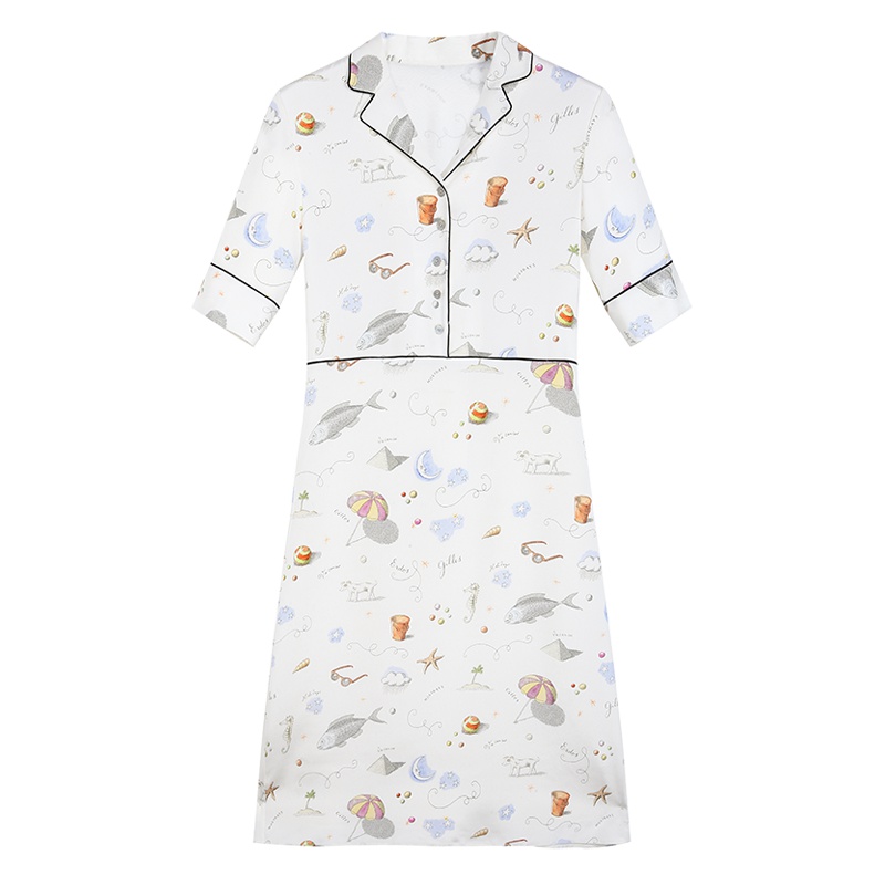 ERDOS 春夏睡衣风Letan插画印花纽扣短袖及膝芽边镶条真丝连衣裙