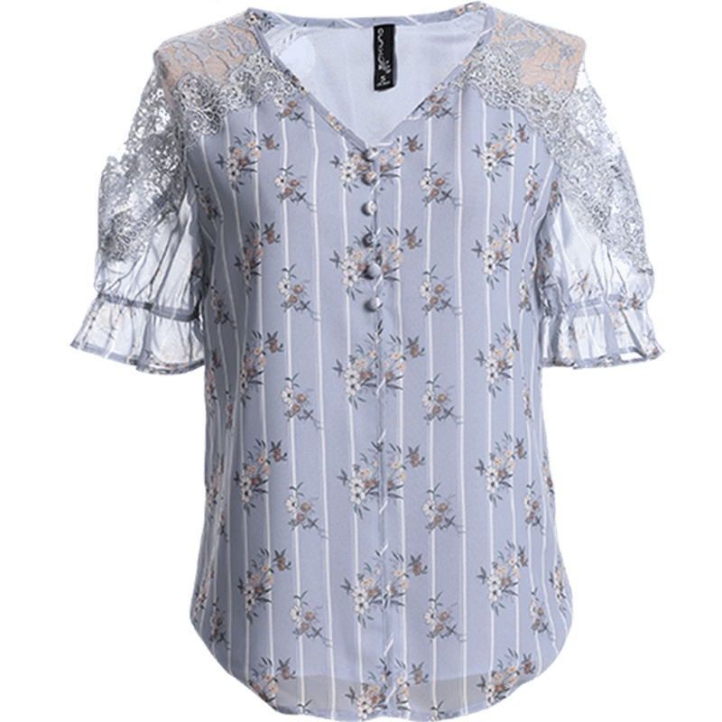 欧昵雪 夏V领短袖透视网纱蕾丝拼接宽松碎花雪纺衫女上衣X