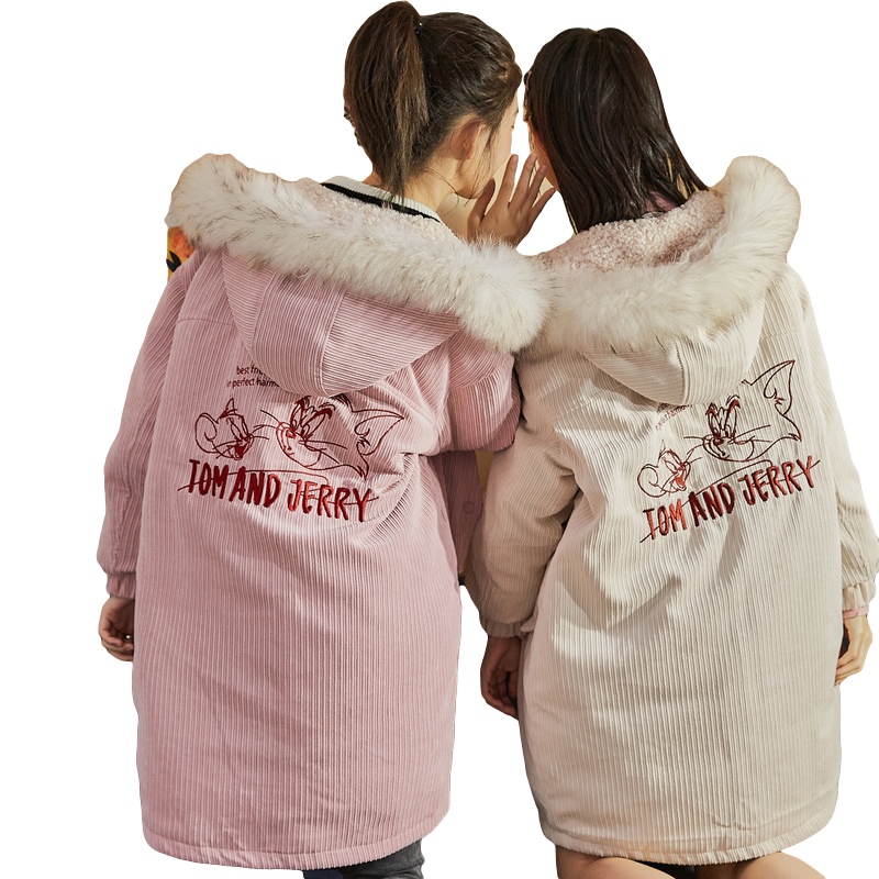 猫和老鼠联名唐狮冬新款闺蜜灯芯绒中长款羽绒服in潮流