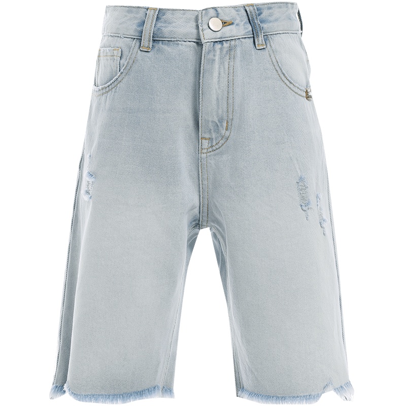 欧昵雪高腰宽松显瘦磨破五分裤女毛边阔腿牛仔短裤