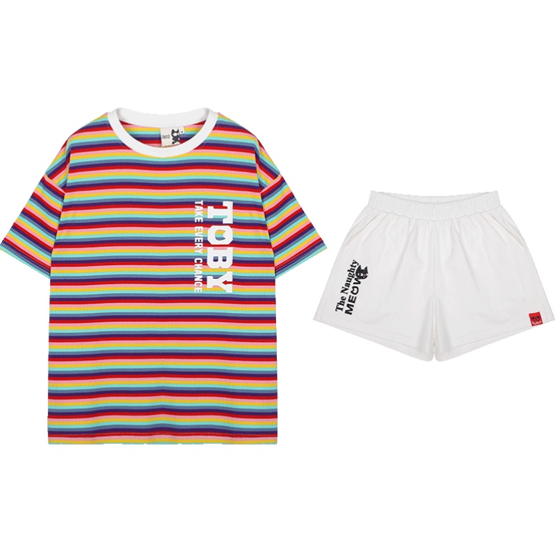 a02新款2020时尚卡通印花撞色条纹宽松休闲套装女DTV2D0841OG