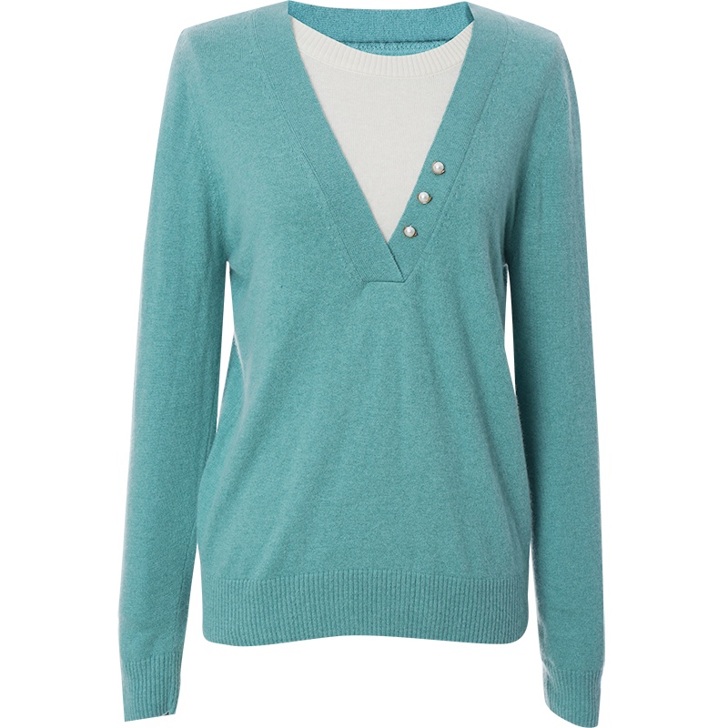 OUNIXUE欧昵雪 | [假两件拼接毛衣]春秋时髦珍珠扣罗纹拼接长袖针织衫女