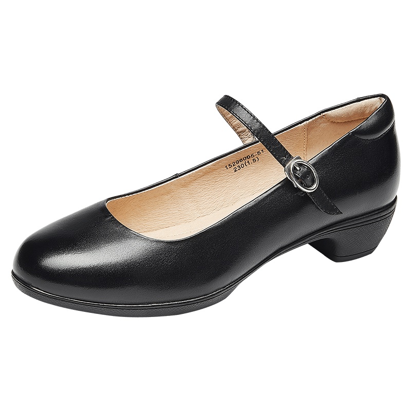 康奈女鞋 秋季新款纯色圆头粗跟一字式扣带浅口单鞋女时尚百搭单鞋15296005