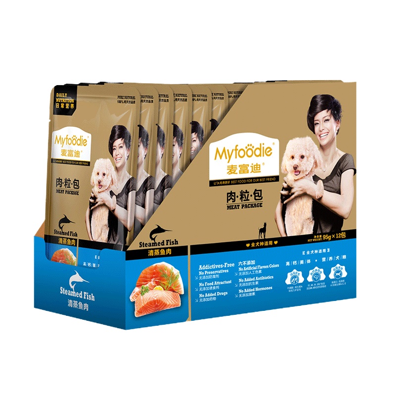 麦富迪 肉粒包 狗粮 狗罐头 清蒸鱼肉 95g 泰迪、贵宾用一箱12包