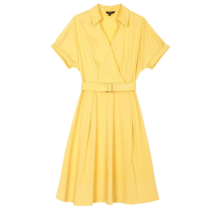 【专柜同款】拉夏贝尔v领短袖连衣裙2020新款夏季收腰显瘦中长款气质衬衫休闲a字裙子女30092275