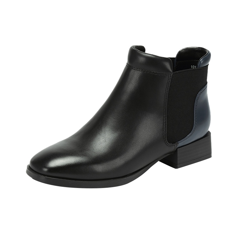 达芙妮冬新款经典双色拼接方头牛纹切尔西靴女短靴