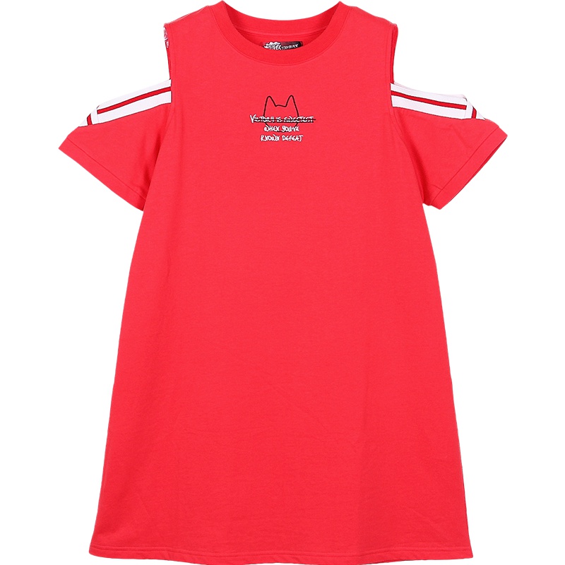 a02商场同款潮流刺绣条纹拼接露肩chicT恤连衣裙女D1T3D0461DR