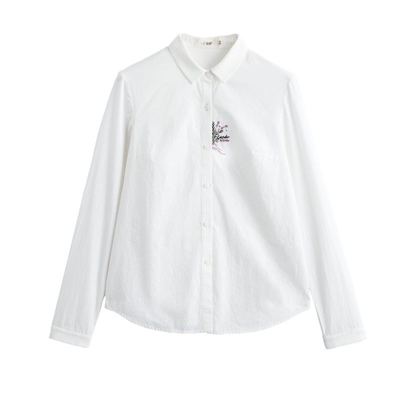 茵曼清新文艺纯棉绣花衬衫女长袖春秋新款修身白色打底衬衣1871011320
