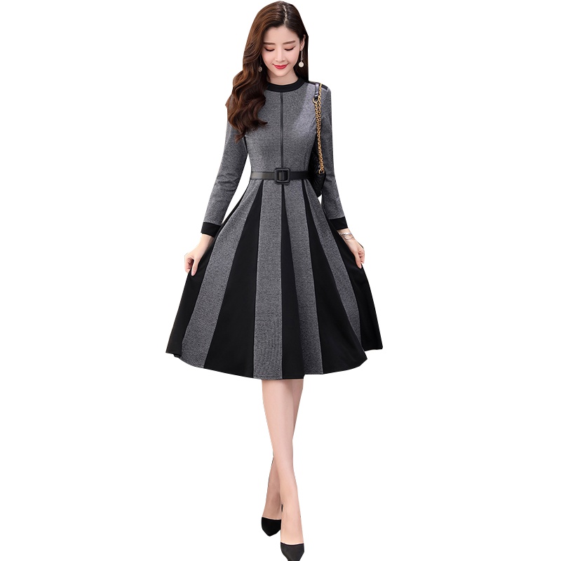 丝柏舍2019秋装女时尚大气圆领长袖收腰拼接连衣裙S93B4694L