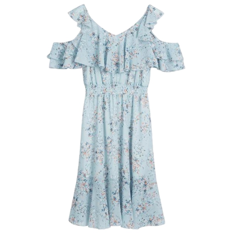 7.Modifier雪纺连衣裙新款荷叶袖露肩印花碎花长裙子女