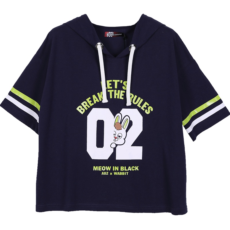 a02商场同款时尚印花袖口条纹抽绳连帽卫衣T恤女D1T0D0111KT