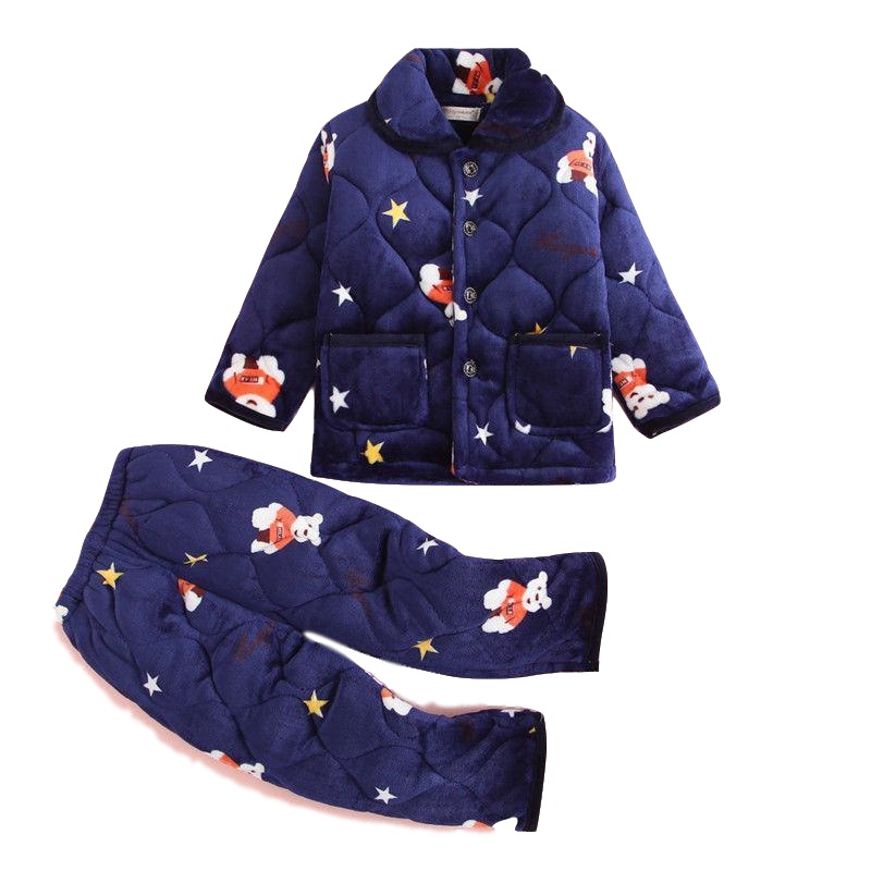 秋冬儿童 加厚夹棉法兰绒睡衣长袖中大童家居服珊瑚绒保暖男女孩宝宝套装 莎丞