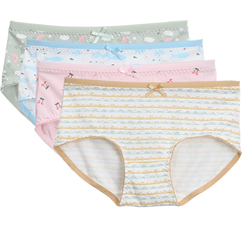 红豆21年新款女士中腰舒适棉氨内裤女式小清新印花可爱蝴蝶结甜美少女风三角内裤组合(四条装)