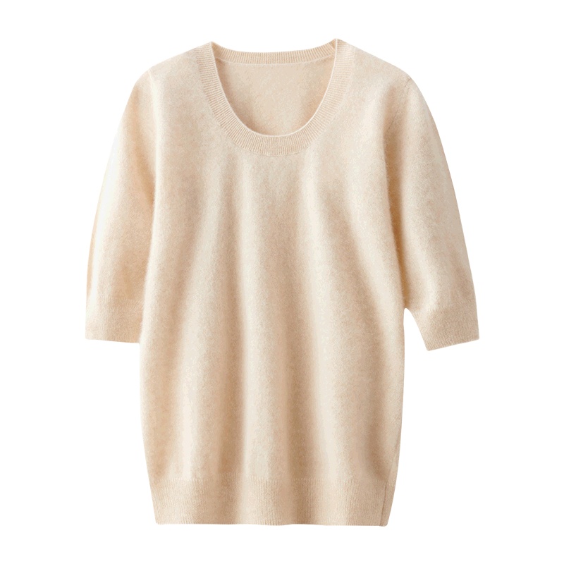 羊绒衫女圆领山羊绒衫薄2021新款宽松短袖纯色中袖针织打底衫