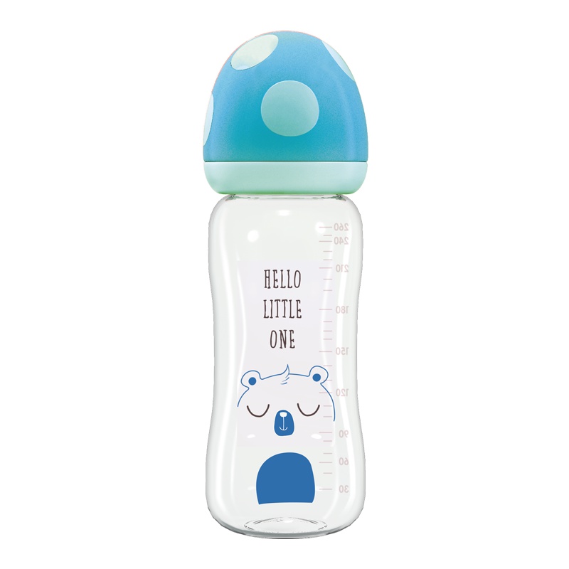 bobo乐儿宝蘑菇玻璃奶瓶 宽口径 防胀气 蘑菇优晶瓶260ml 适合3-6个月 蓝色 BP1733-B