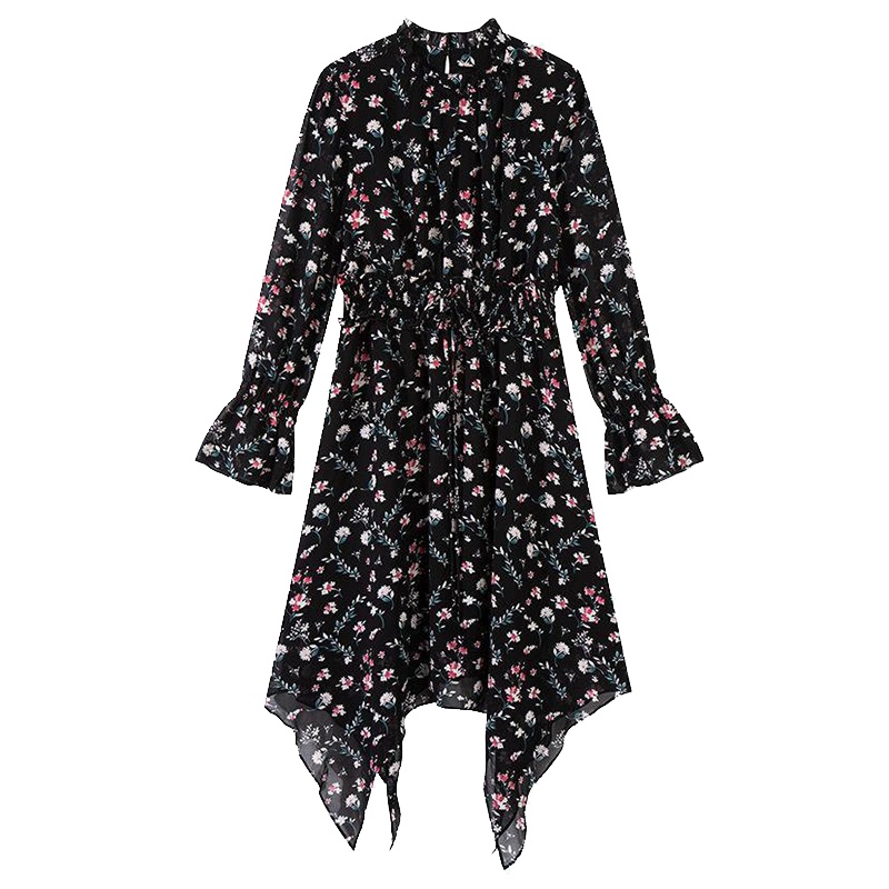 上新拉夏贝尔长袖雪纺裙子女新款秋不规则裙摆长袖中长裙子10019075