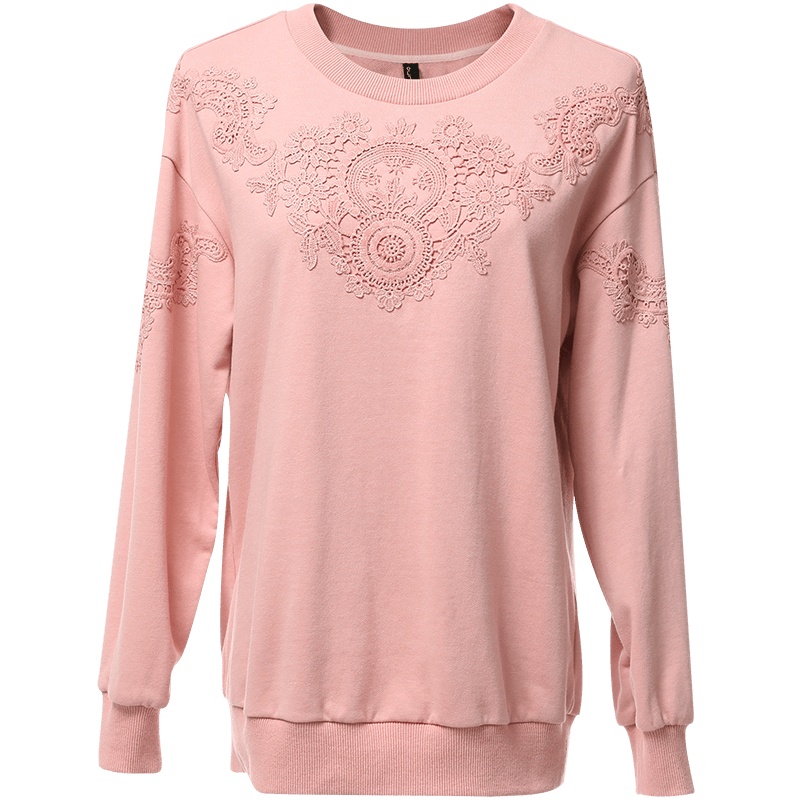 欧昵雪圆领套头长袖宽松卫衣女镂空花边遮肚显瘦上衣