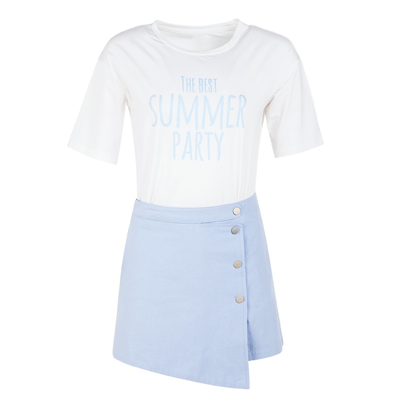 晚白新品减龄印花短袖T恤纯色高腰不规则裙裤两件套装女