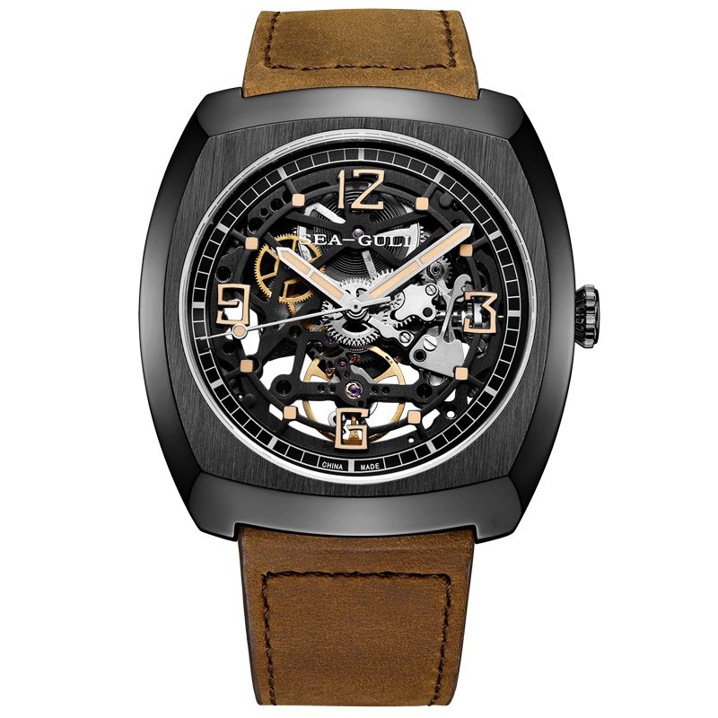 海鸥(SEAGULL)手表 锋芒系列 酒桶型皮带镂空透底自动机械男表849.27.6094K