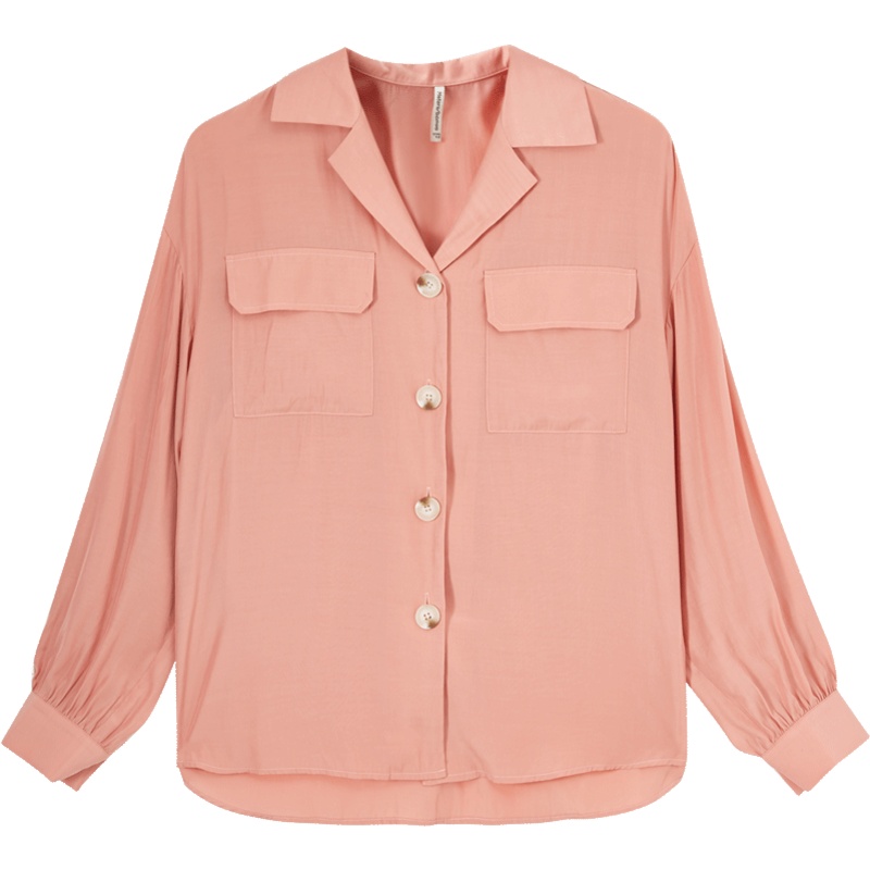 美特斯邦威衬衫女长袖V领新款秋季都市西装领法式大口袋衬衫