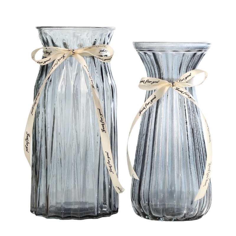 【两件套】欧式创意大号彩色透明水培富贵竹竖棱花瓶客厅插花摆件 米兰款透明色（两件装） 大