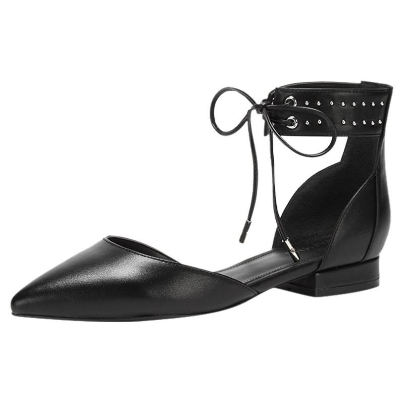 达芙妮春气质系带浅口尖头踝带平底单鞋