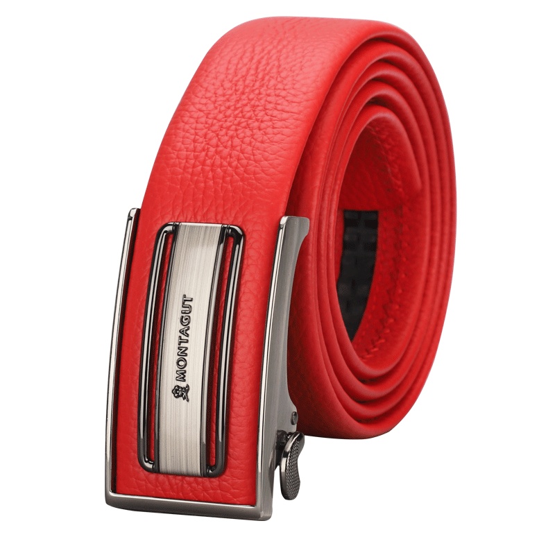 梦特娇红腰带男 本命年 真皮自动扣内穿 软头层牛皮 男士休闲 结婚裤腰带 商场同款