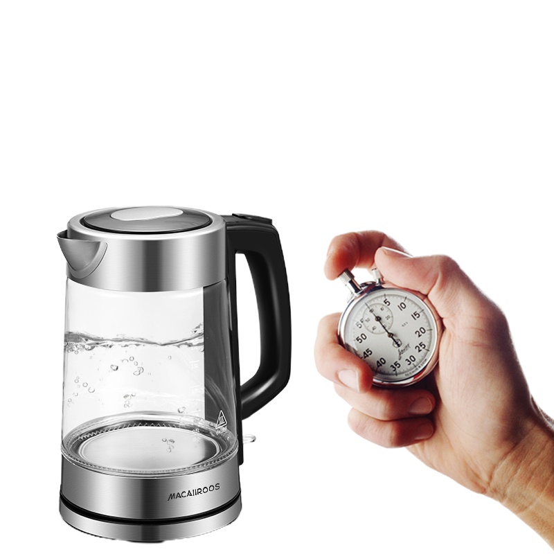 迈卡罗 高硼硅玻璃家用电水壶 1.7L烧水壶蓝光304不锈钢开水壶 不锈钢色/MC-3051