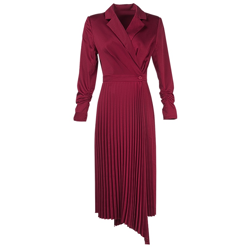 晚白2020春款纯色收腰中长款西装裙百褶不规则裙长袖连衣裙女