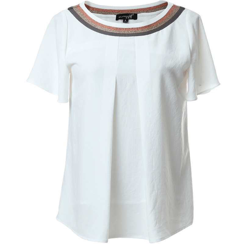 欧昵雪休闲OL撞色圆领喇叭袖轻薄白色上衣女短袖雪纺衫