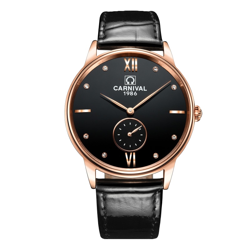 嘉年华CARNIVAL瑞士品牌手表新薄款商务男表防水手表石英表 男士时装表简约大气表盘 真皮带休闲时尚三针腕表8708G