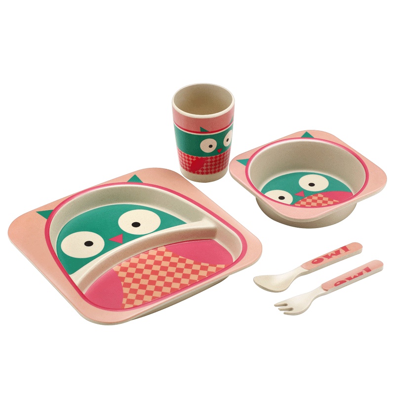 开优米竹纤维儿童餐具分格餐盘婴儿卡通饭碗宝宝碗勺叉子杯5件套粉色猫头鹰