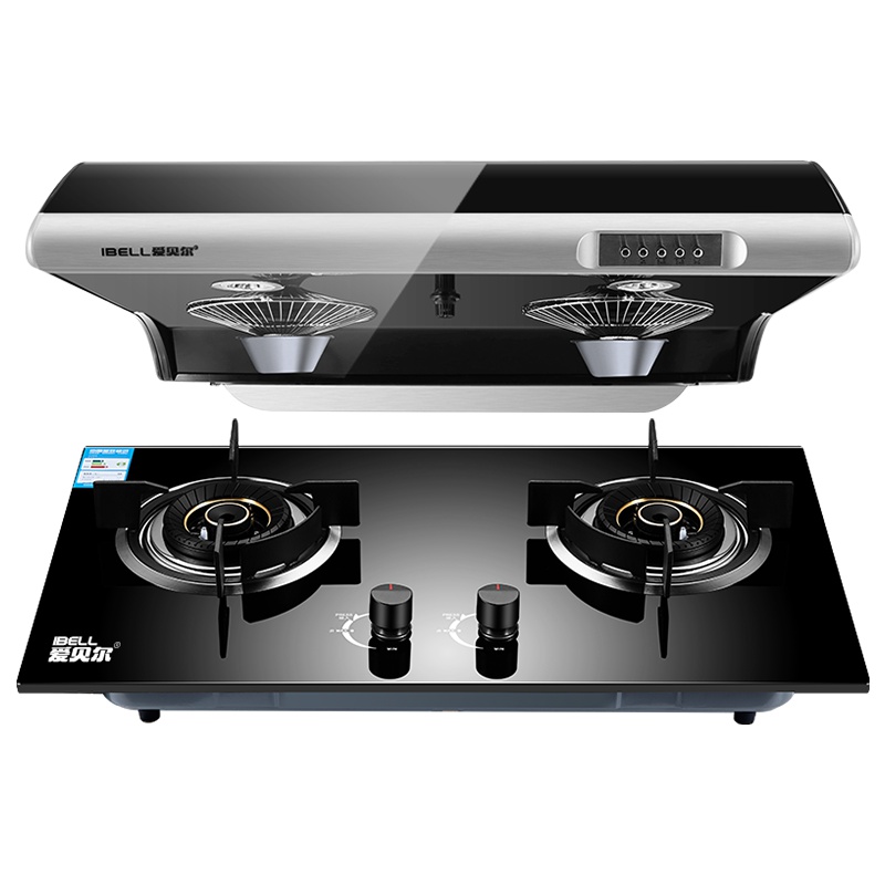 爱贝尔(IBELL)HY-DZS07X黑色+HY-DD601烟灶套装顶吸式家用干热洗油烟机黑晶钢化面板纯铜火盖天然气